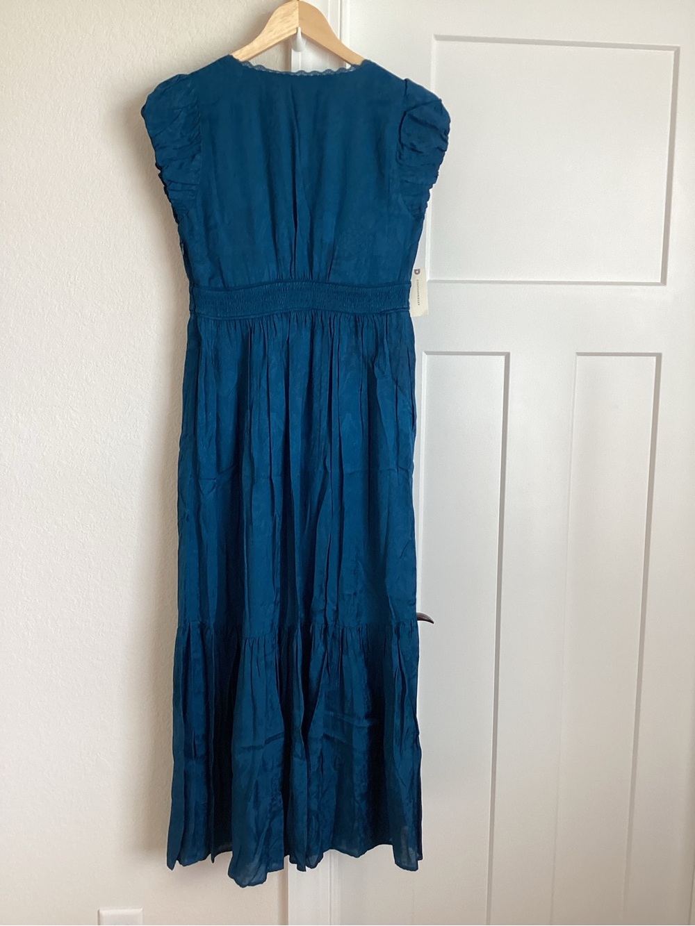 Anthropologie Peregrine V-Neck Midi Dress Silken Cap Sleeve Small Deep Sea Blue - Picture 12 of 15